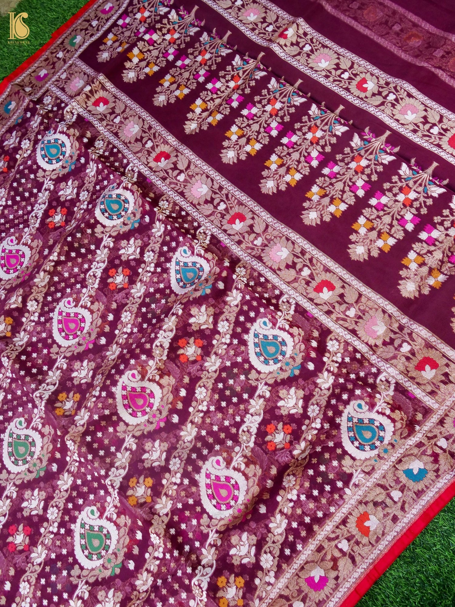 Banarasi Kora Silk Jamdani Saree in Wine Maroon