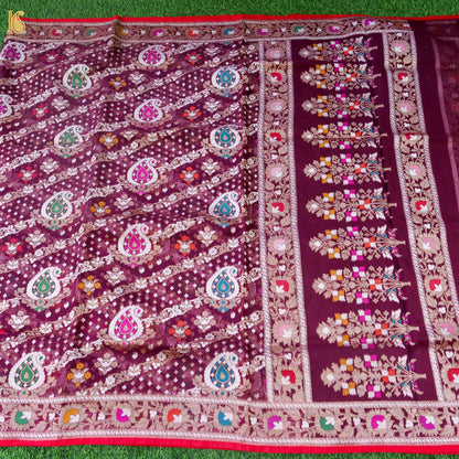 Banarasi Kora Silk Jamdani Saree in Wine Maroon