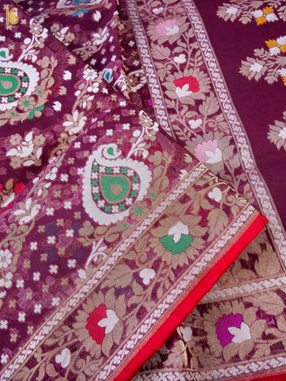 Banarasi Kora Silk Jamdani Saree in Wine Maroon