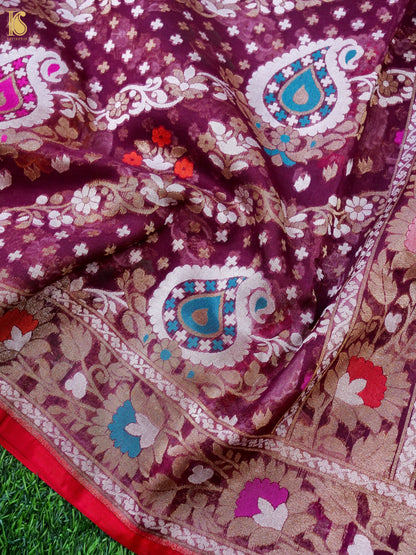 Banarasi Kora Silk Jamdani Saree in Wine Maroon