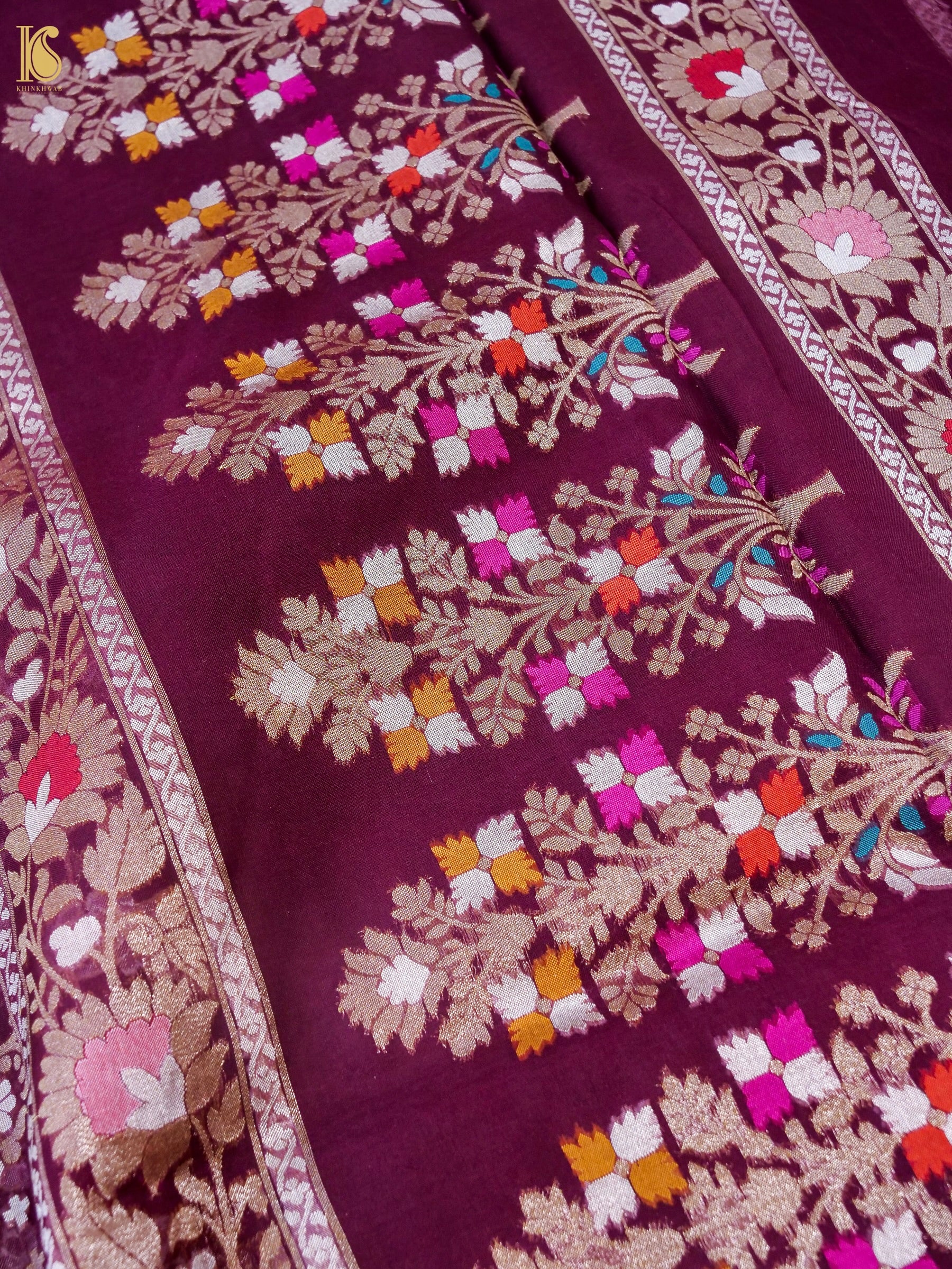 Banarasi Kora Silk Jamdani Saree in Wine Maroon