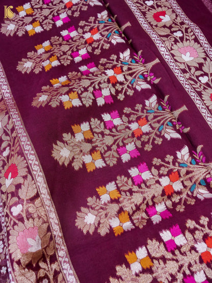 Banarasi Kora Silk Jamdani Saree in Wine Maroon