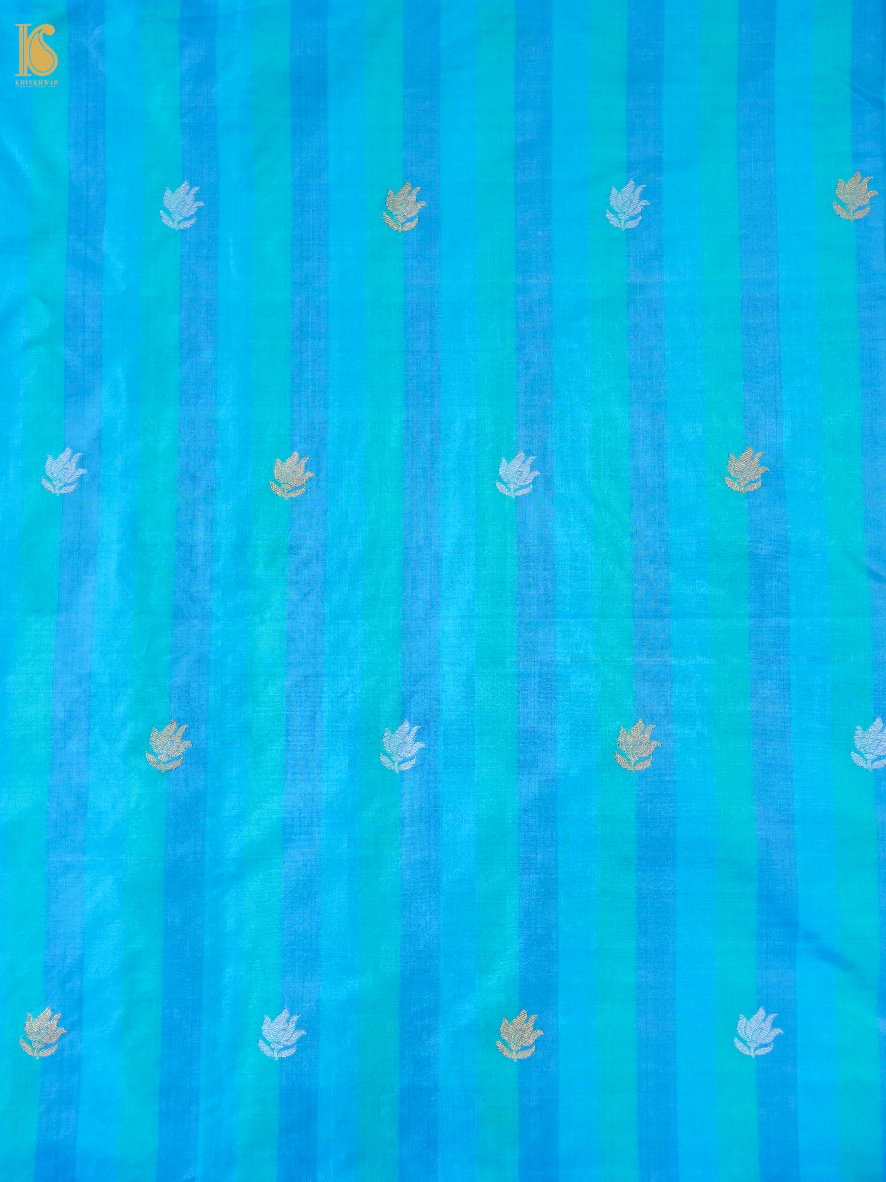 Banarasi Katan Silk Kadwa Tulip Boota Fabric in Blue Teal Stripe