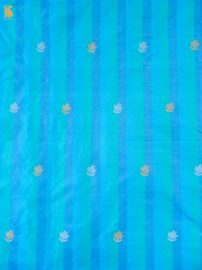 Banarasi Katan Silk Kadwa Tulip Boota Fabric in Blue Teal Stripe