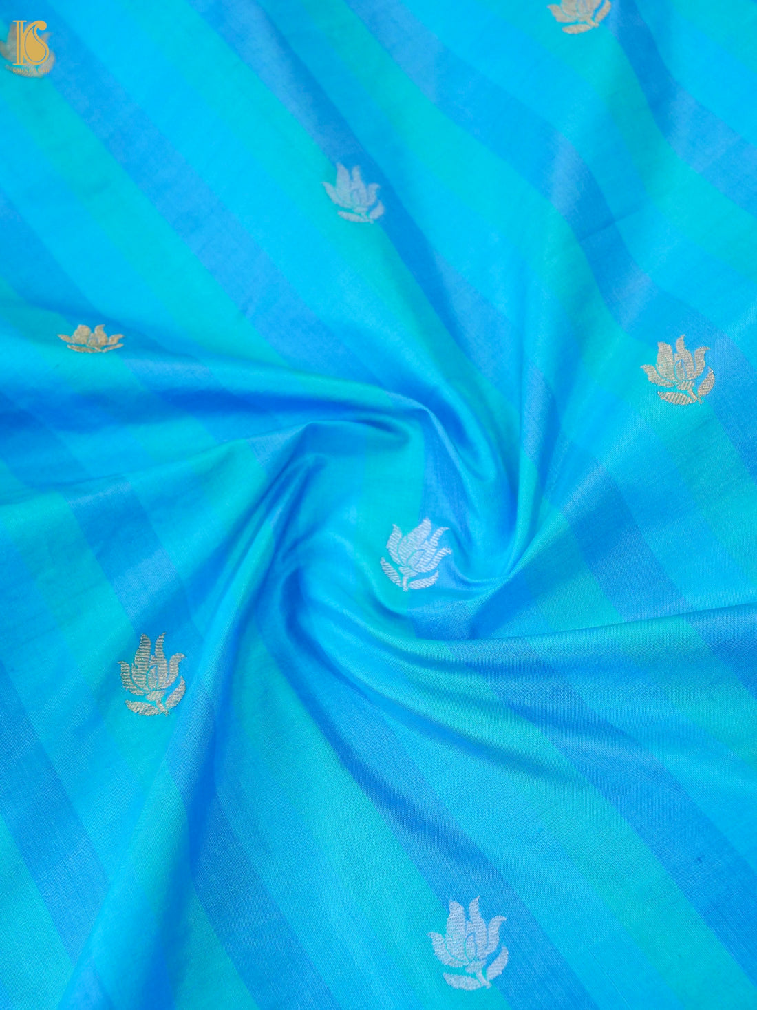 Banarasi Katan Silk Kadwa Tulip Boota Fabric in Blue Teal Stripe