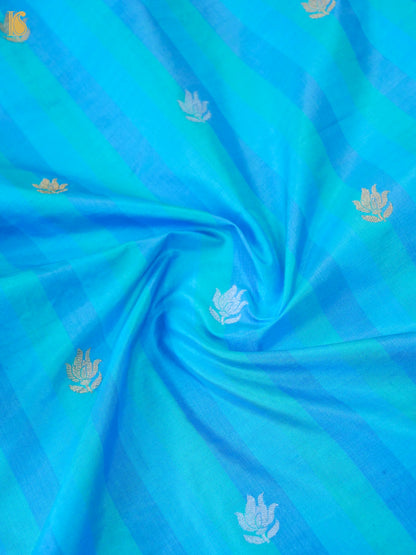 Banarasi Katan Silk Kadwa Tulip Boota Fabric in Blue Teal Stripe