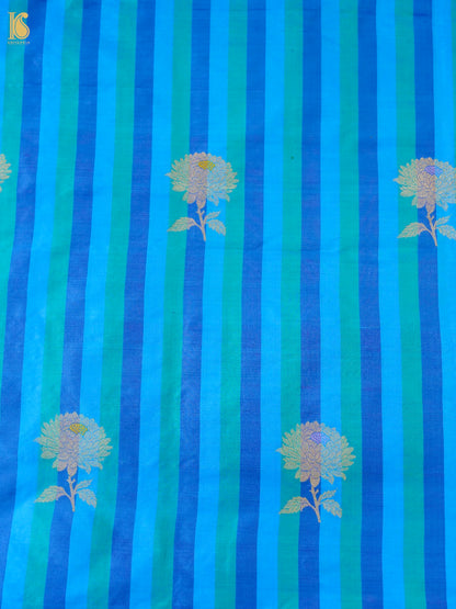 Banarasi Katan Silk Kadwa Boota Fabric in Blue Teal Stripe