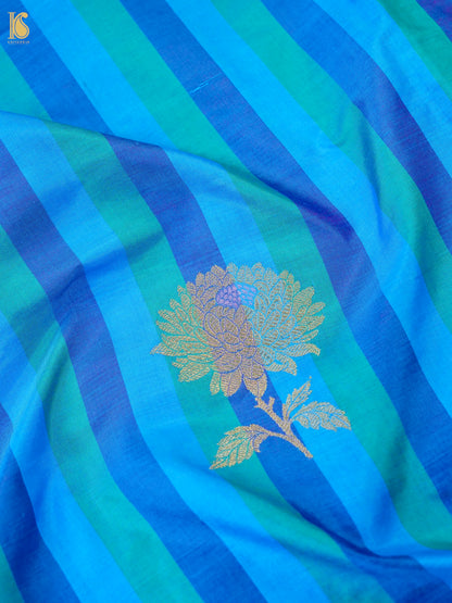 Banarasi Katan Silk Kadwa Boota Fabric in Blue Teal Stripe