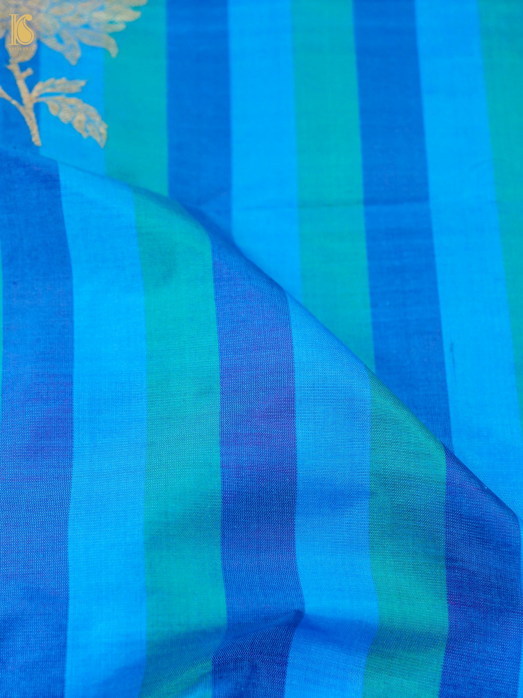 Banarasi Katan Silk Kadwa Boota Fabric in Blue Teal Stripe