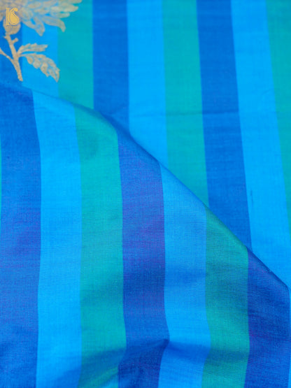 Banarasi Katan Silk Kadwa Boota Fabric in Blue Teal Stripe