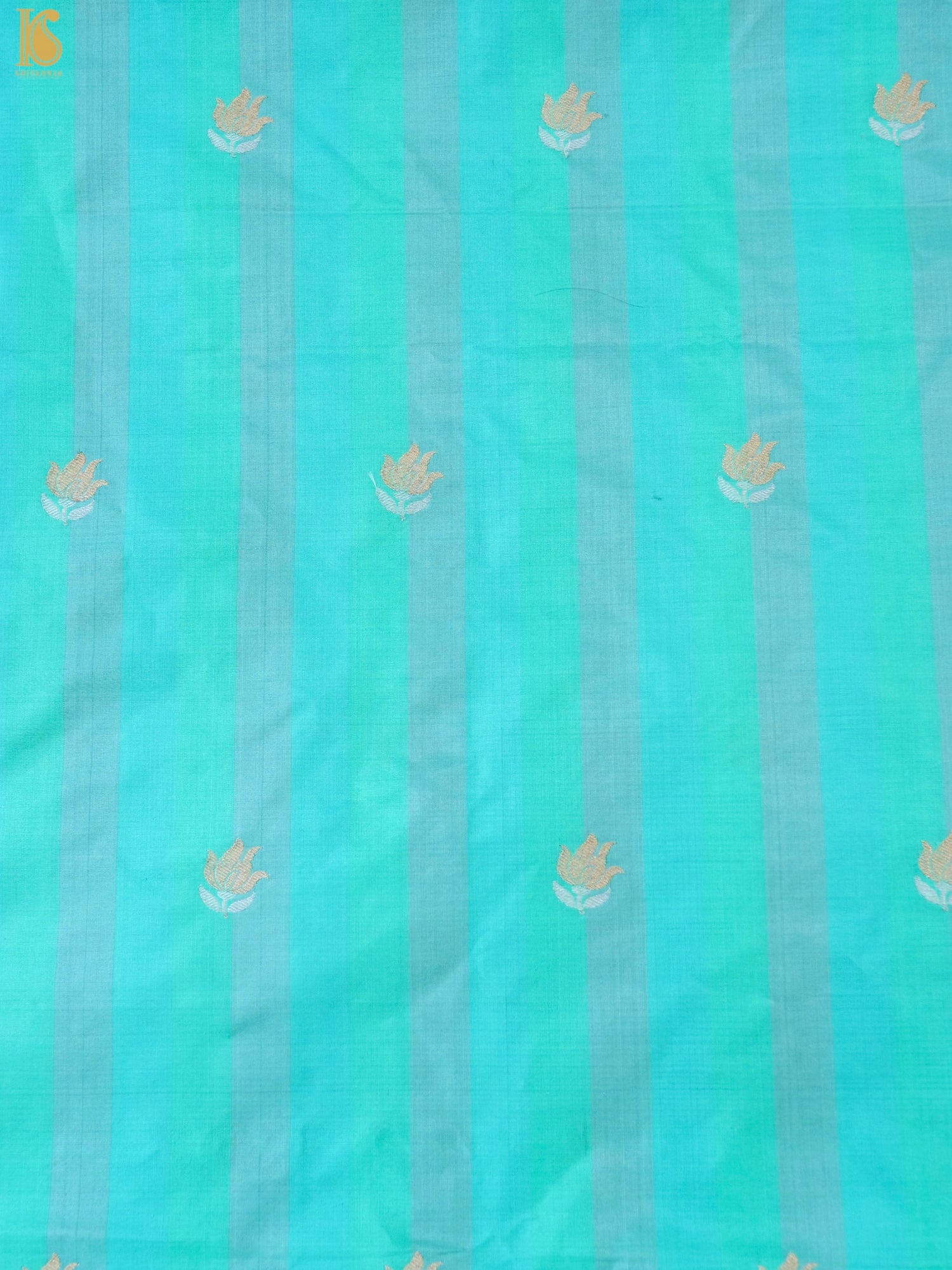 Banarasi Katan Silk Kadwa Tulip Boota Fabric in Sea Green Stripe