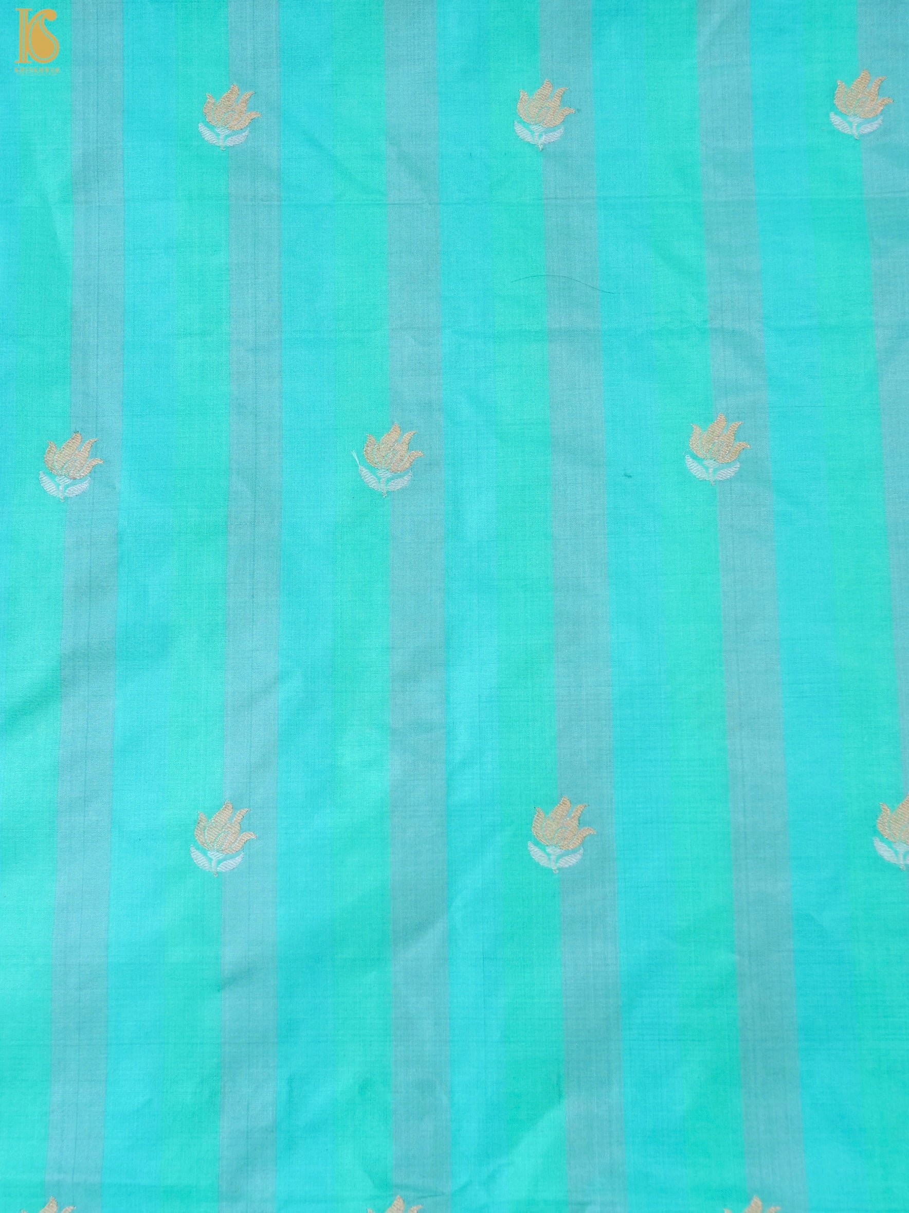 Banarasi Katan Silk Kadwa Tulip Boota Fabric in Sea Green Stripe