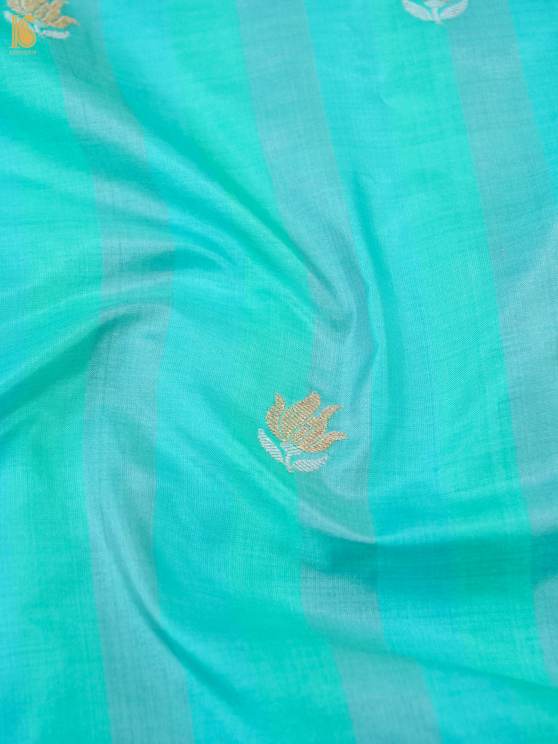 Banarasi Katan Silk Kadwa Tulip Boota Fabric in Sea Green Stripe