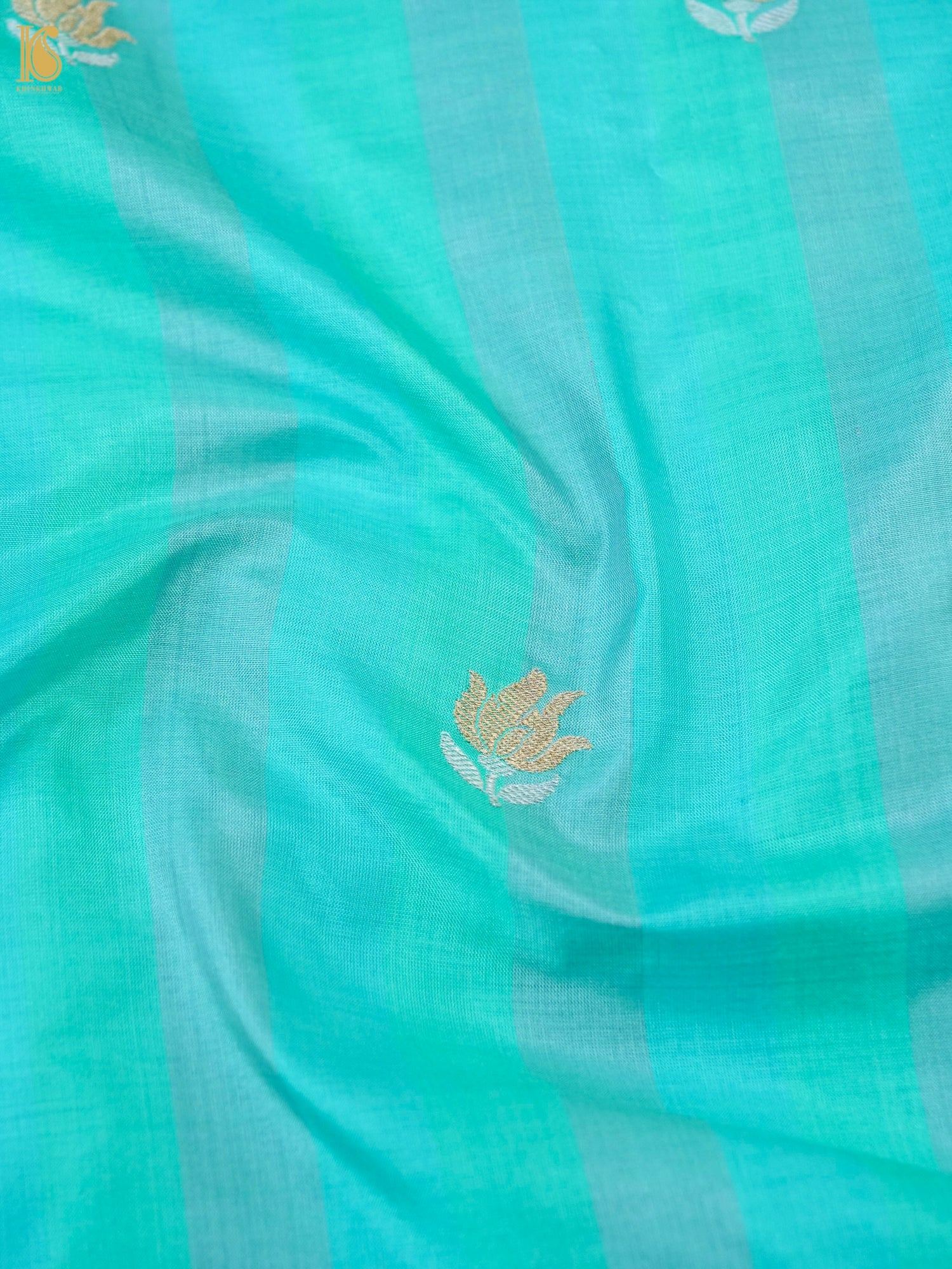 Banarasi Katan Silk Kadwa Tulip Boota Fabric in Sea Green Stripe