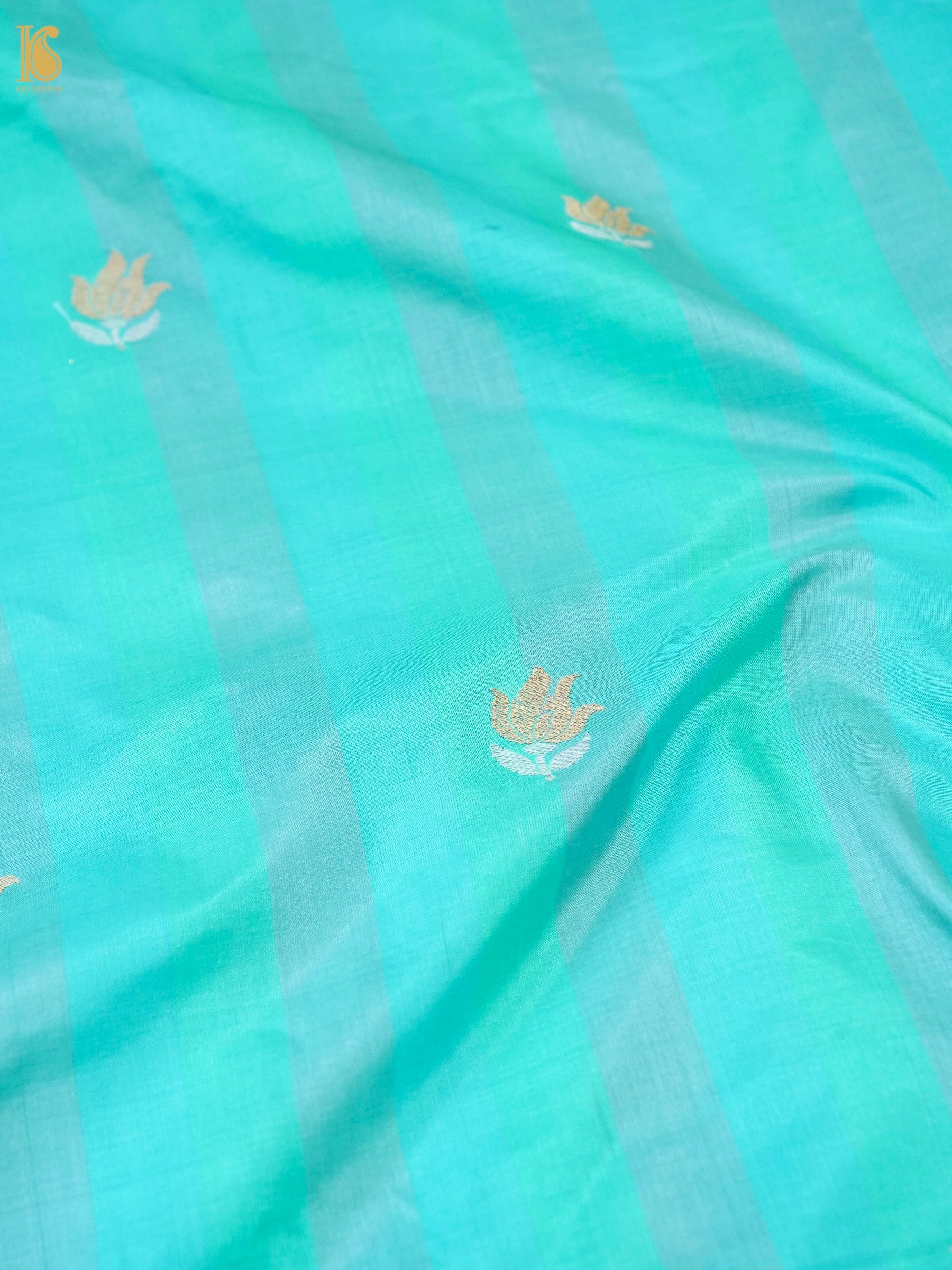 Banarasi Katan Silk Kadwa Tulip Boota Fabric in Sea Green Stripe