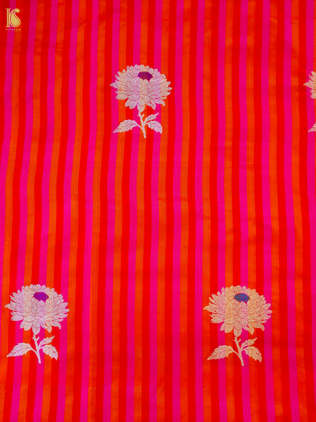 Banarasi Katan Silk Kadwa Chrysanthemum Boota Fabric in Pink Orange Stripe