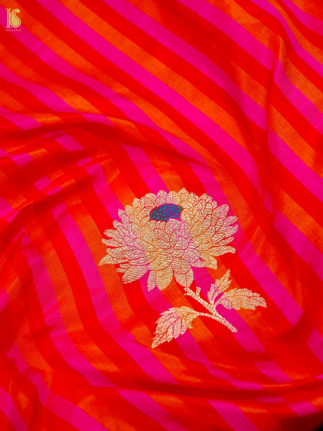 Banarasi Katan Silk Kadwa Chrysanthemum Boota Fabric in Pink Orange Stripe
