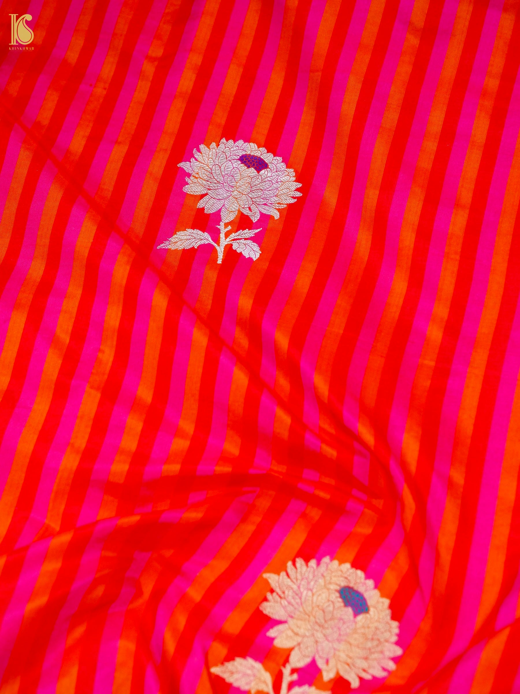 Banarasi Katan Silk Kadwa Chrysanthemum Boota Fabric in Pink Orange Stripe