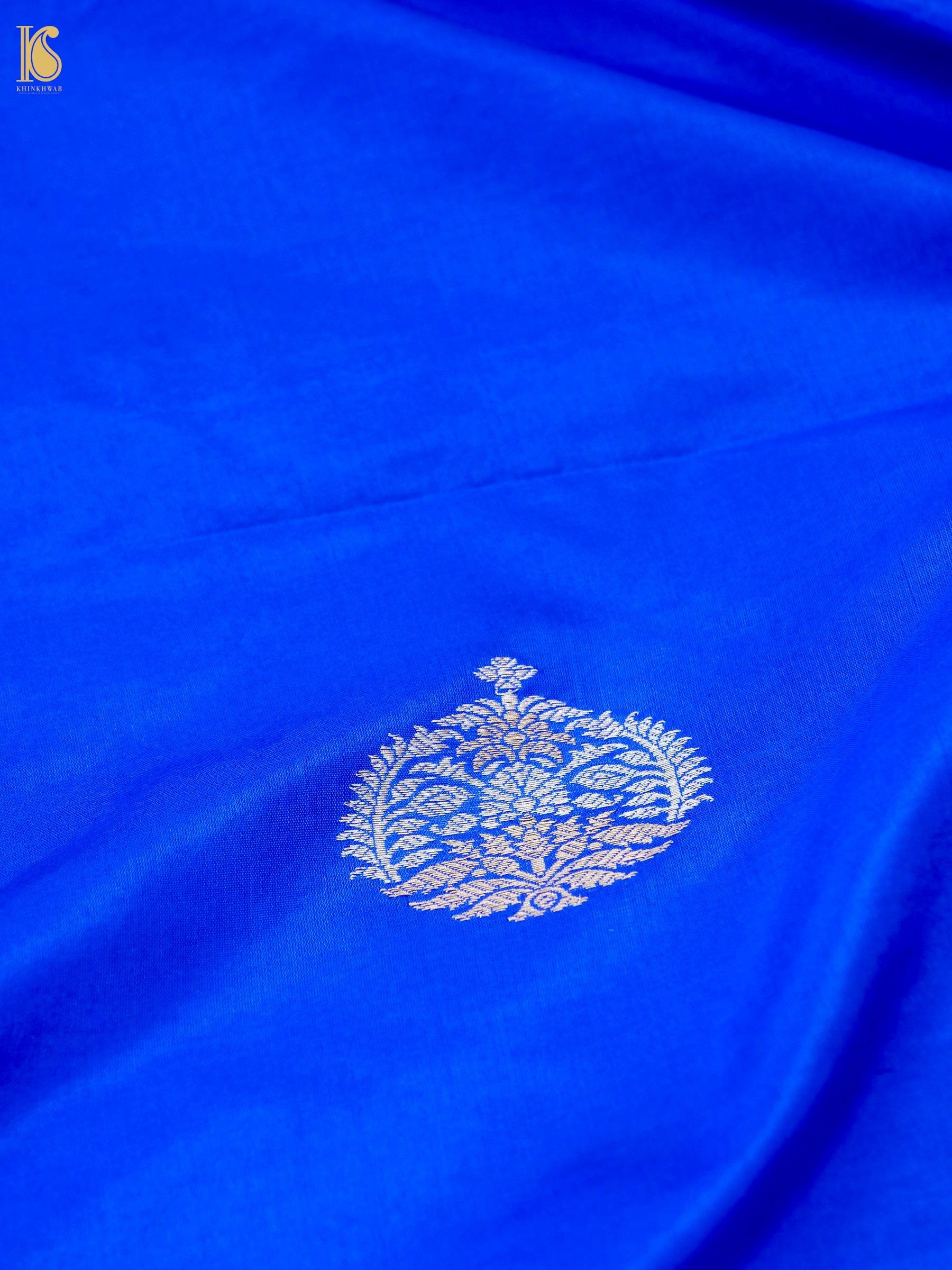 Banarasi Katan Silk Kadwa Floral Bush Fabric in Royal Blue