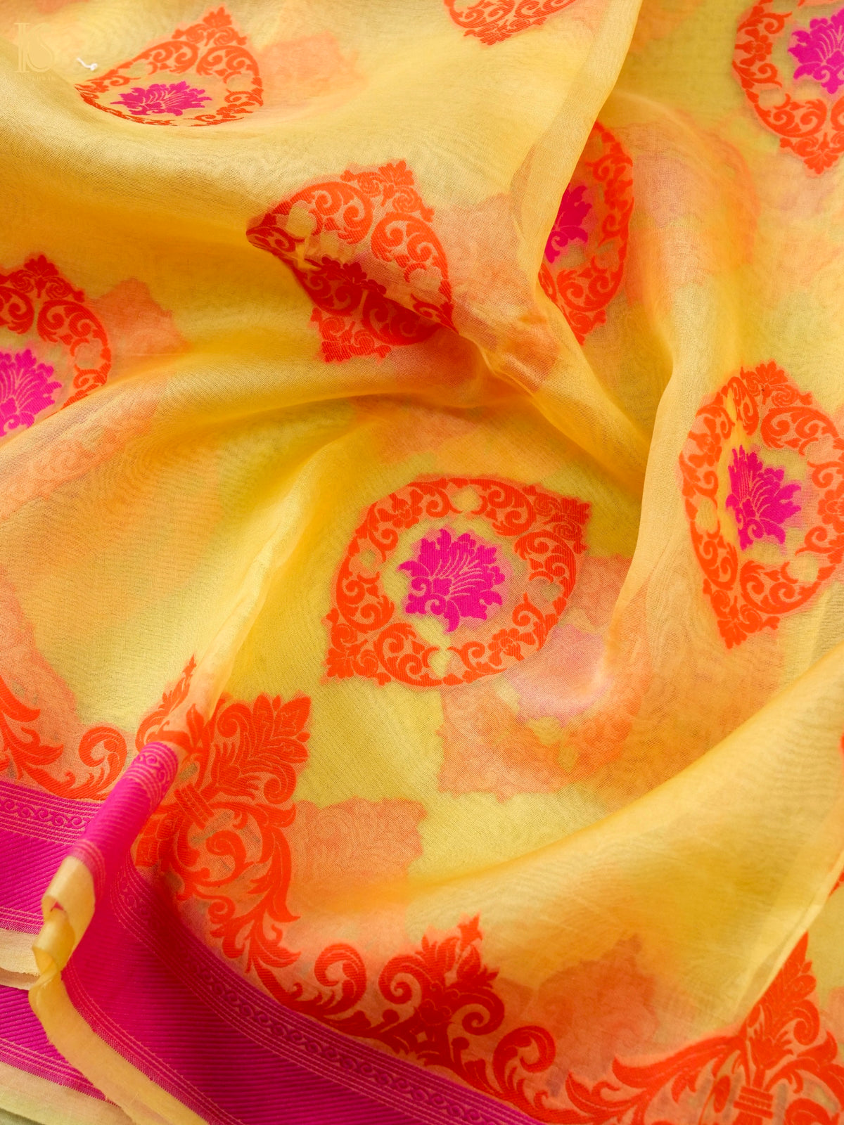 Handwoven Banarasi Organza Silk Saree in Butter Yellow by Khinkhwab, showcasing intricate Kora silk design and elegant drape.