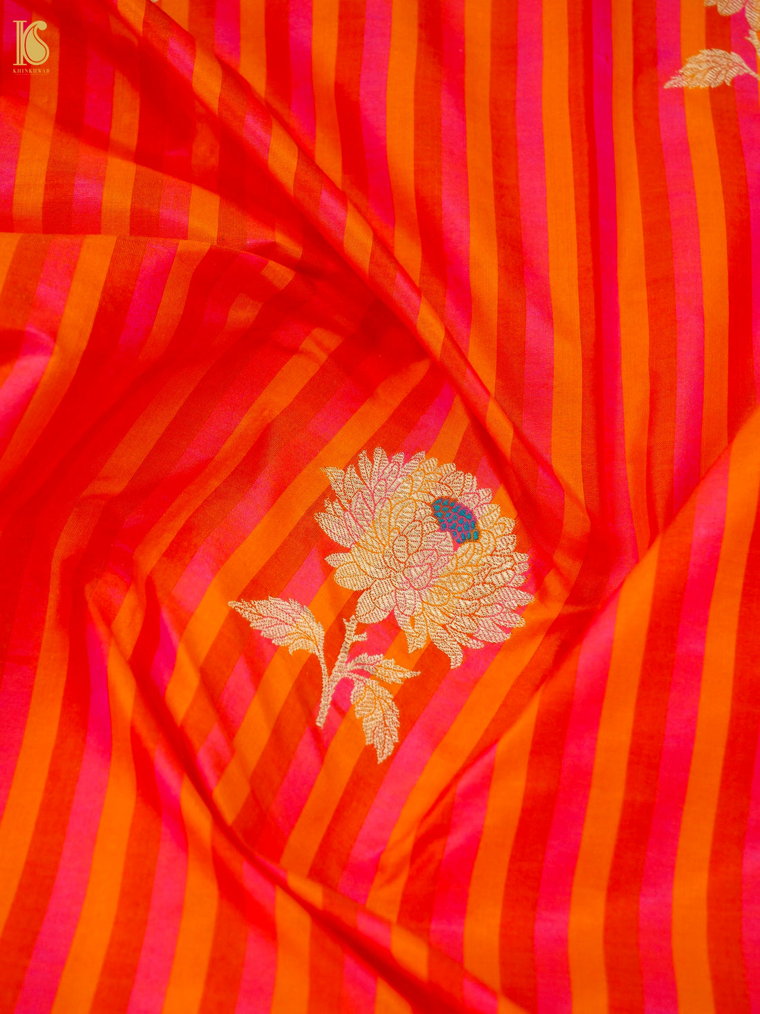 Banarasi Katan Silk Kadwa Chrysanthemum Boota Fabric in Sunset Orange Stripe