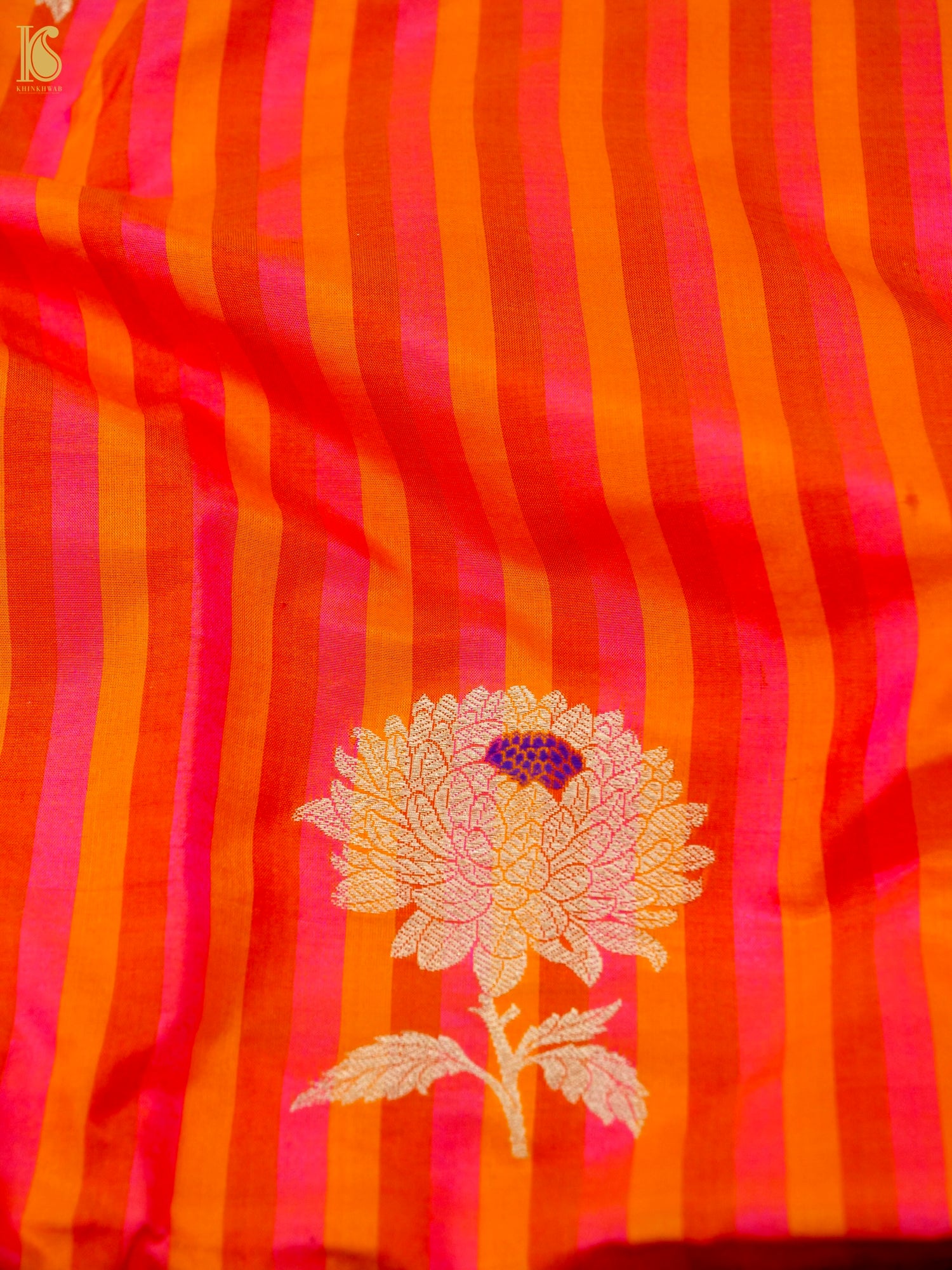 Banarasi Katan Silk Kadwa Chrysanthemum Boota Fabric in Sunset Orange Stripe