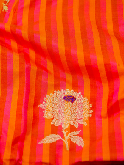 Banarasi Katan Silk Kadwa Chrysanthemum Boota Fabric in Sunset Orange Stripe