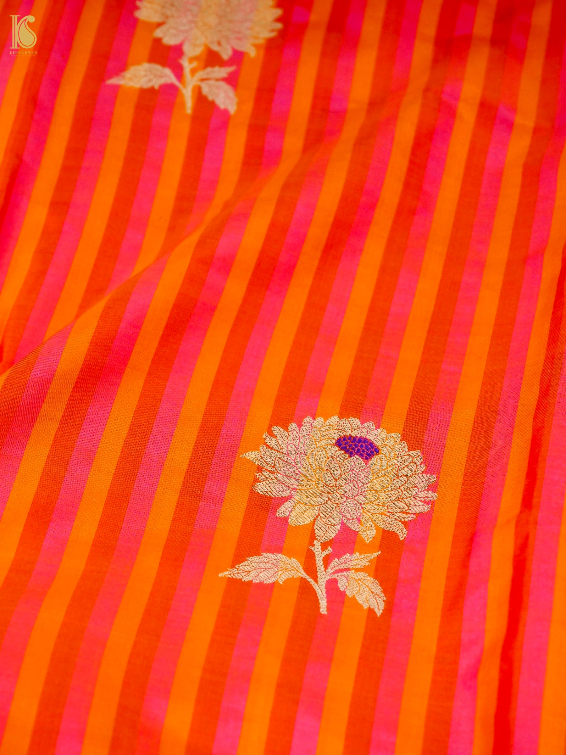 Banarasi Katan Silk Kadwa Chrysanthemum Boota Fabric in Sunset Orange Stripe