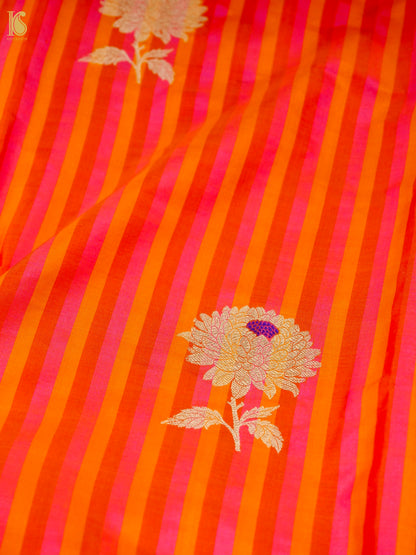 Banarasi Katan Silk Kadwa Chrysanthemum Boota Fabric in Sunset Orange Stripe