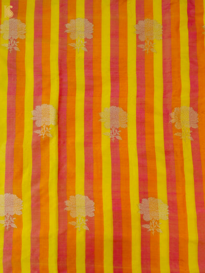 Banarasi Katan Silk Kadwa Chrysanthemum Boota Fabric in Yellow Orange Stripe