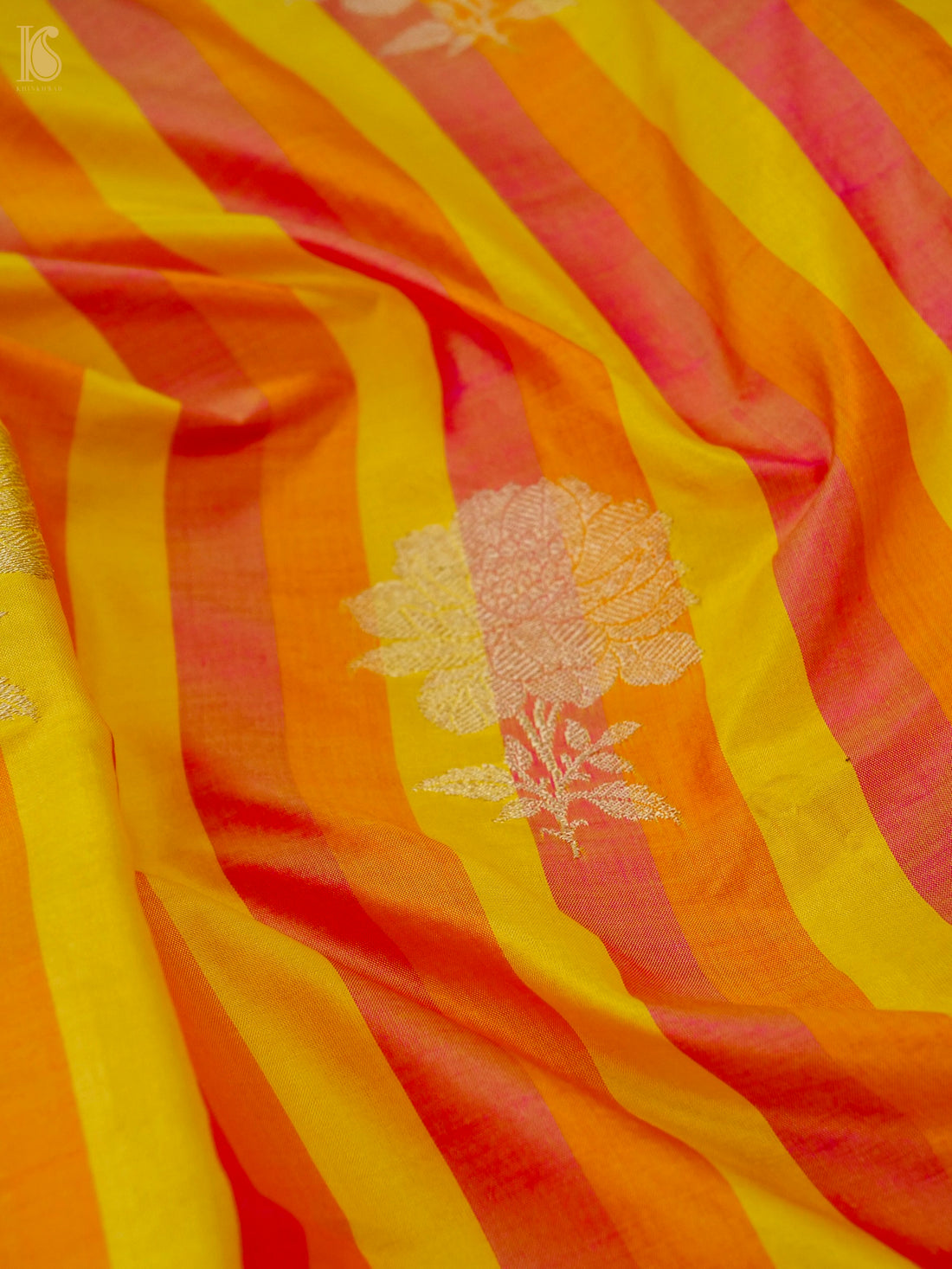 Banarasi Katan Silk Kadwa Chrysanthemum Boota Fabric in Yellow Orange Stripe
