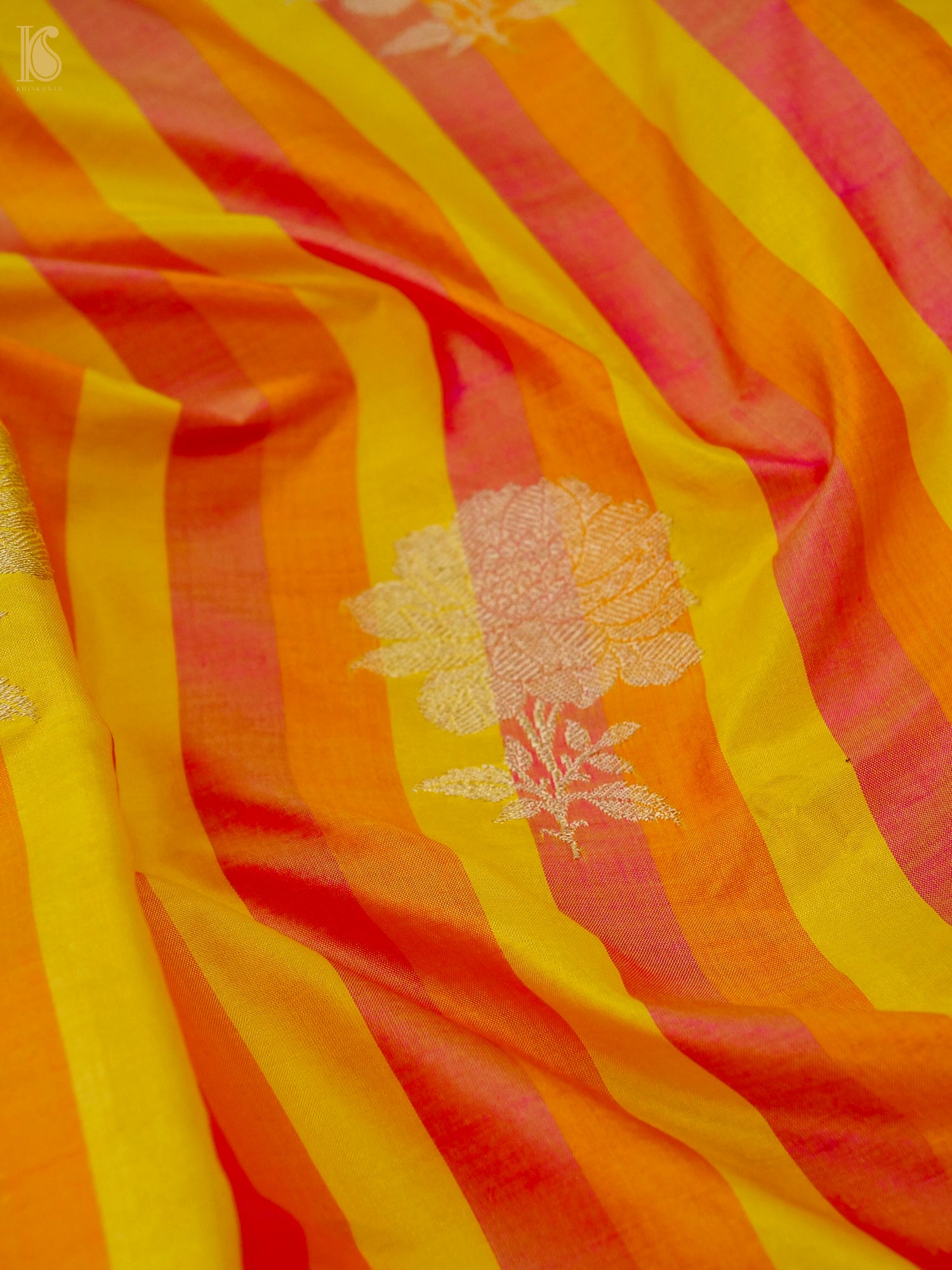 Banarasi Katan Silk Kadwa Chrysanthemum Boota Fabric in Yellow Orange Stripe