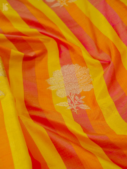 Banarasi Katan Silk Kadwa Chrysanthemum Boota Fabric in Yellow Orange Stripe