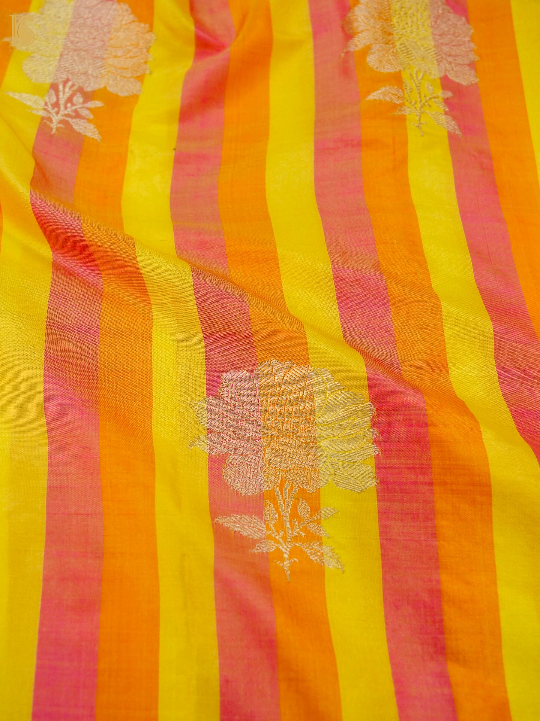 Banarasi Katan Silk Kadwa Chrysanthemum Boota Fabric in Yellow Orange Stripe
