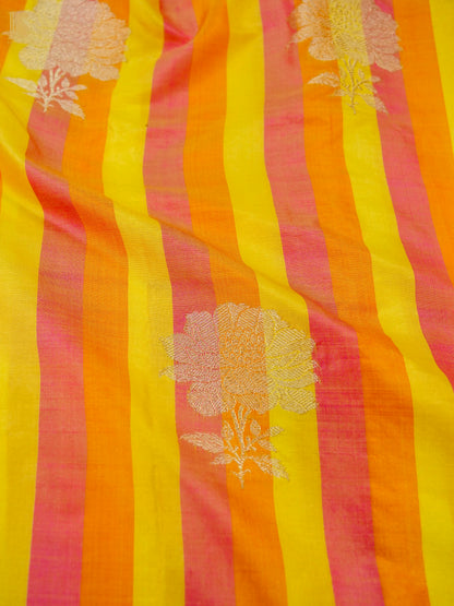 Banarasi Katan Silk Kadwa Chrysanthemum Boota Fabric in Yellow Orange Stripe