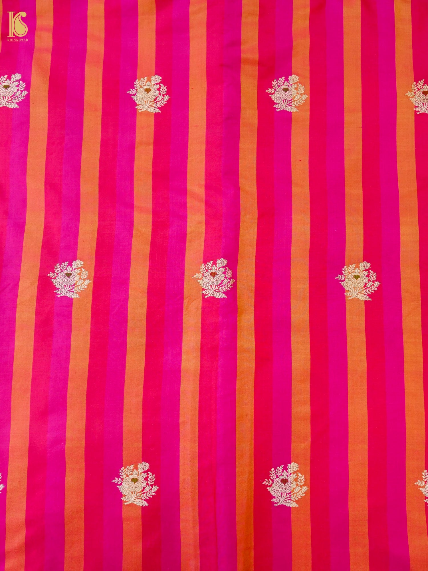 Banarasi Katan Silk Kadwa Floral Sprig Fabric in Fuchsia Orange Stripe