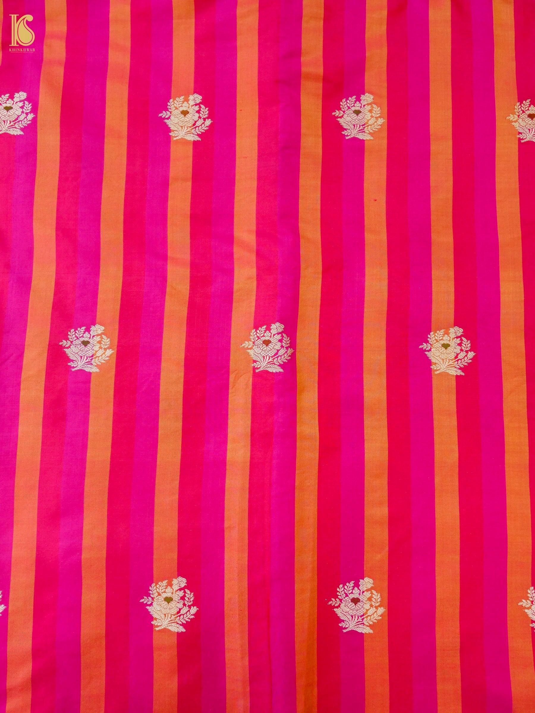 Banarasi Katan Silk Kadwa Floral Sprig Fabric in Fuchsia Orange Stripe