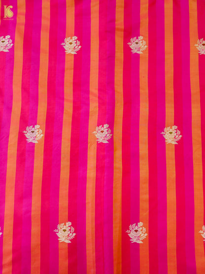 Banarasi Katan Silk Kadwa Floral Sprig Fabric in Fuchsia Orange Stripe