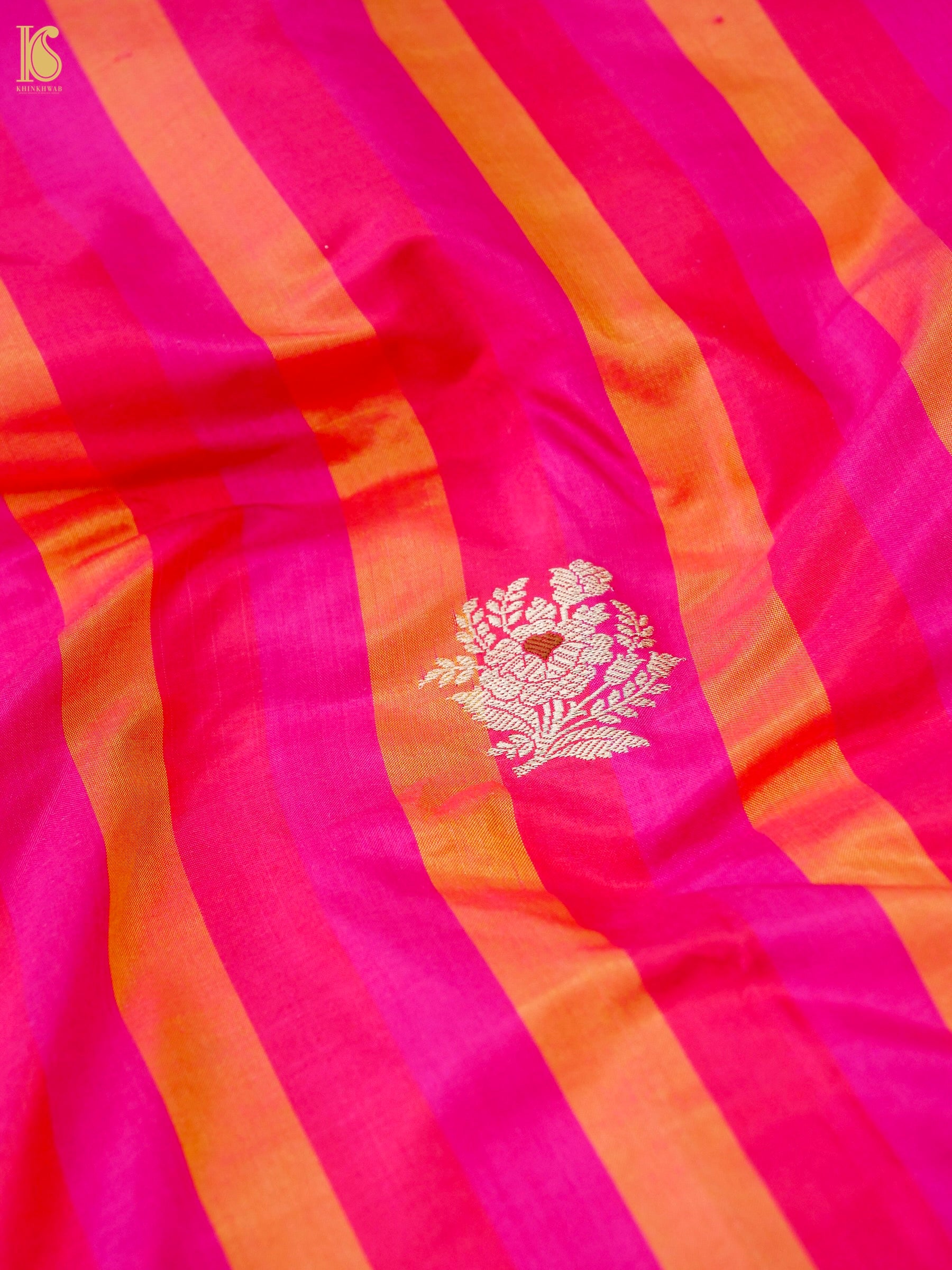 Banarasi Katan Silk Kadwa Floral Sprig Fabric in Fuchsia Orange Stripe