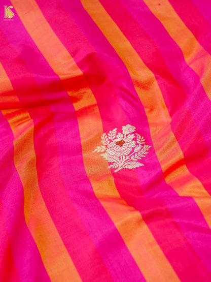 Banarasi Katan Silk Kadwa Floral Sprig Fabric in Fuchsia Orange Stripe