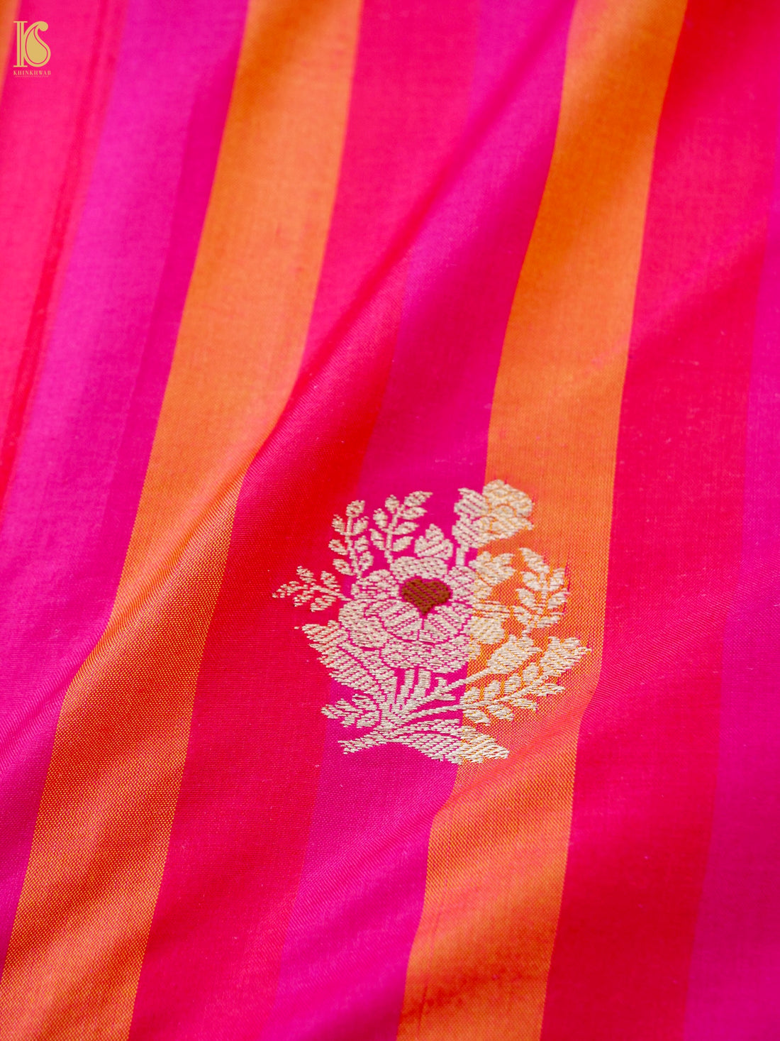 Banarasi Katan Silk Kadwa Floral Sprig Fabric in Fuchsia Orange Stripe