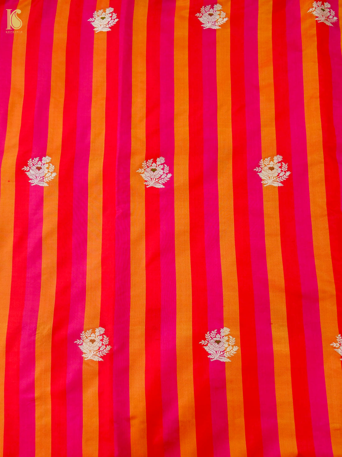 Banarasi Katan Silk Kadwa Floral Sprig Fabric in Red Orange Stripe