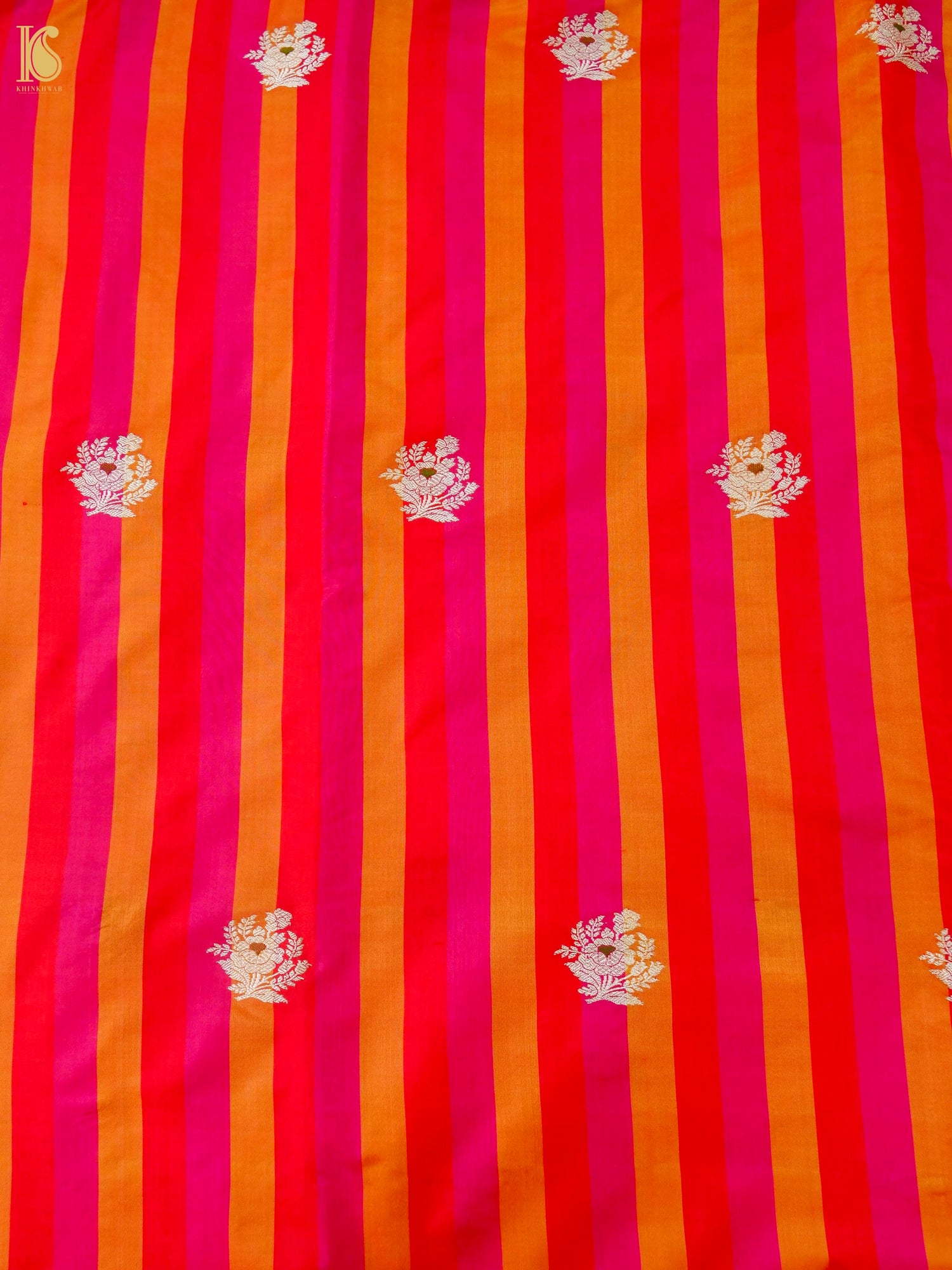 Banarasi Katan Silk Kadwa Floral Sprig Fabric in Red Orange Stripe