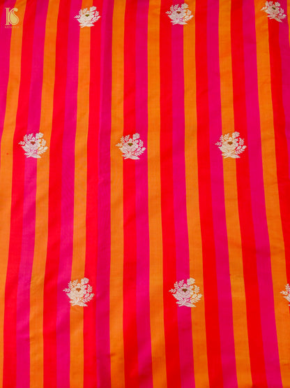 Banarasi Katan Silk Kadwa Floral Sprig Fabric in Red Orange Stripe