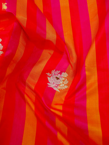Banarasi Katan Silk Kadwa Floral Sprig Fabric in Red Orange Stripe