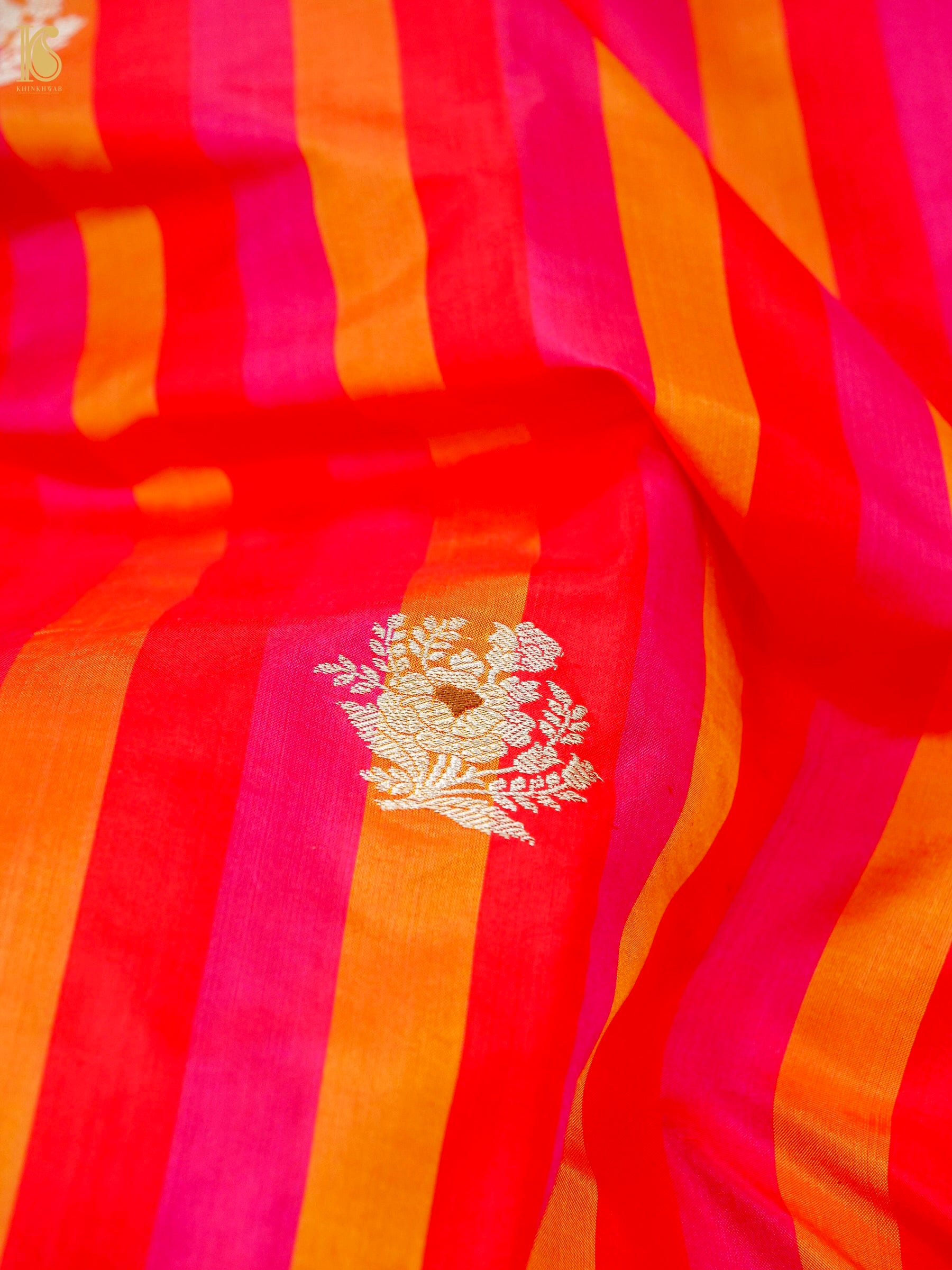 Banarasi Katan Silk Kadwa Floral Sprig Fabric in Red Orange Stripe