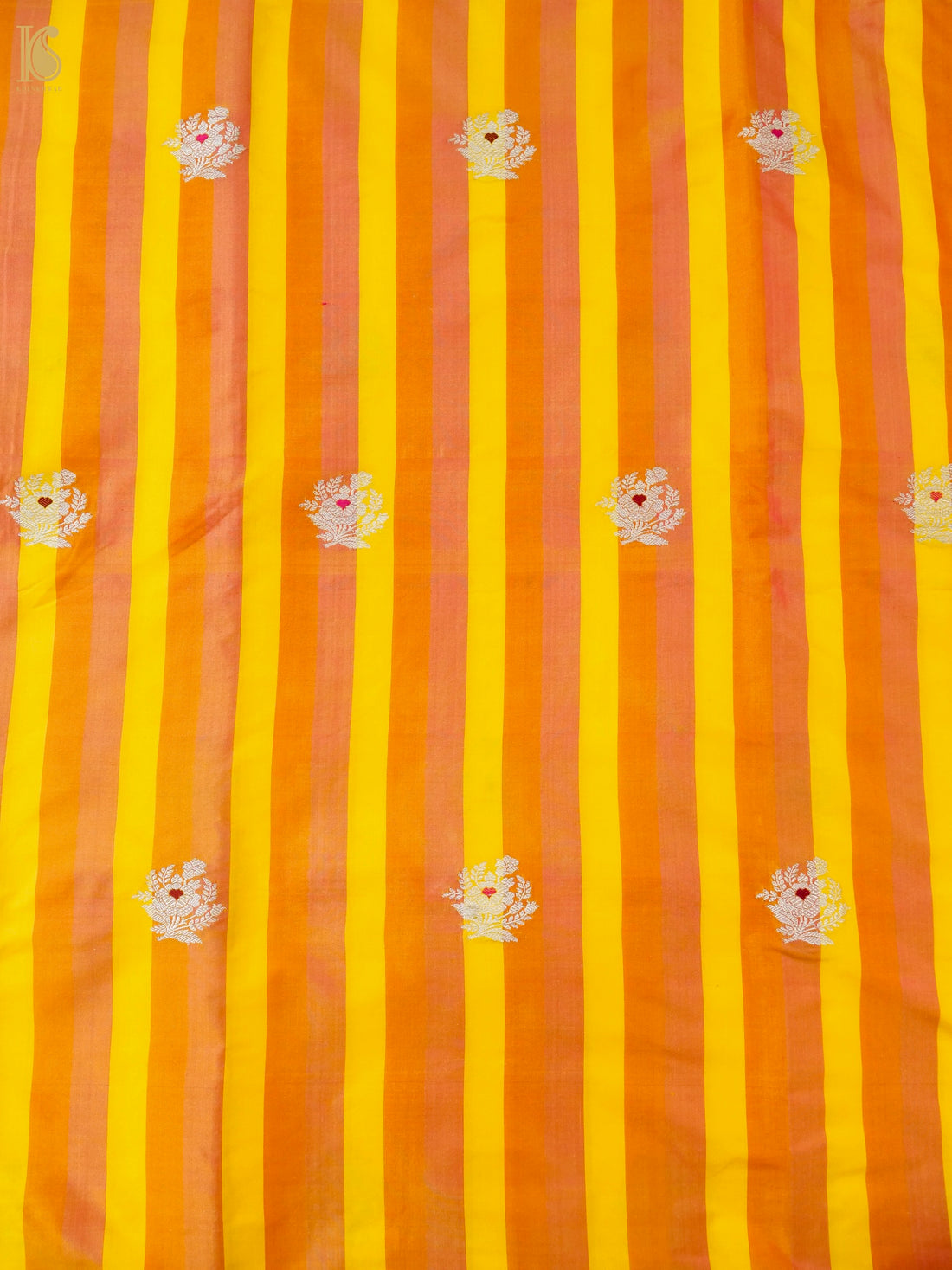 Banarasi Katan Silk Kadwa Floral Sprig Fabric in Golden Yellow Stripe