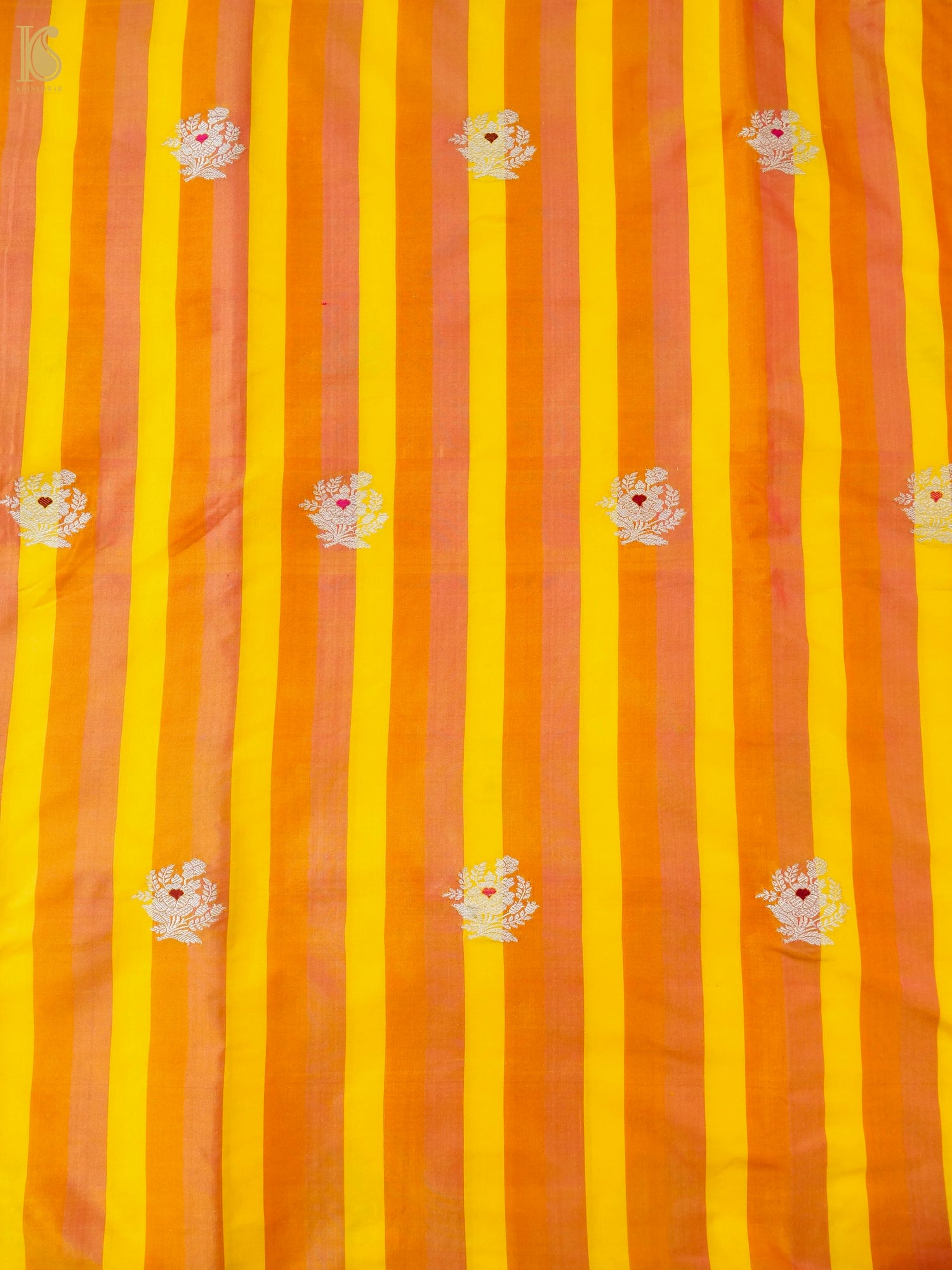 Banarasi Katan Silk Kadwa Floral Sprig Fabric in Golden Yellow Stripe