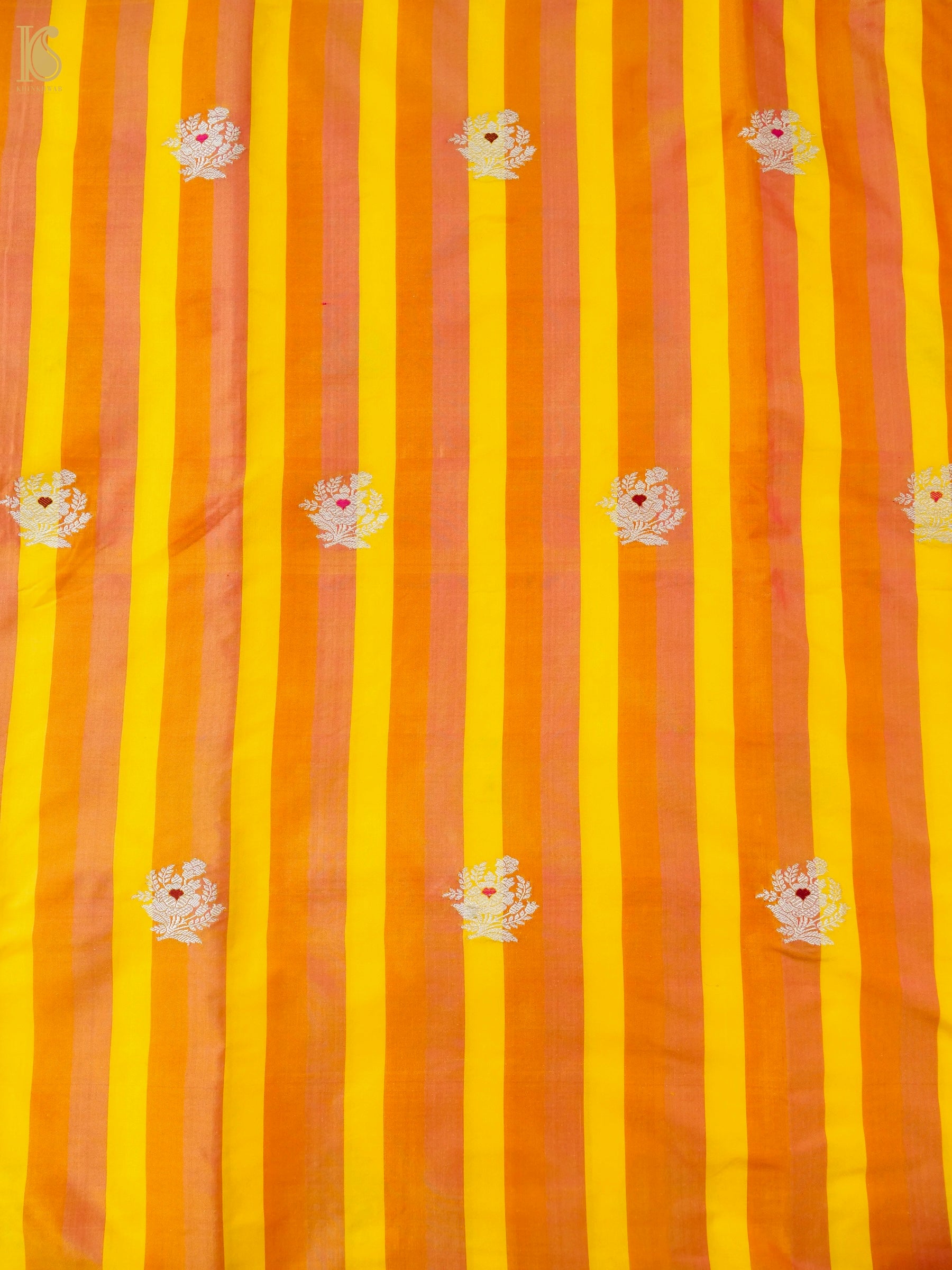 Banarasi Katan Silk Kadwa Floral Sprig Fabric in Golden Yellow Stripe
