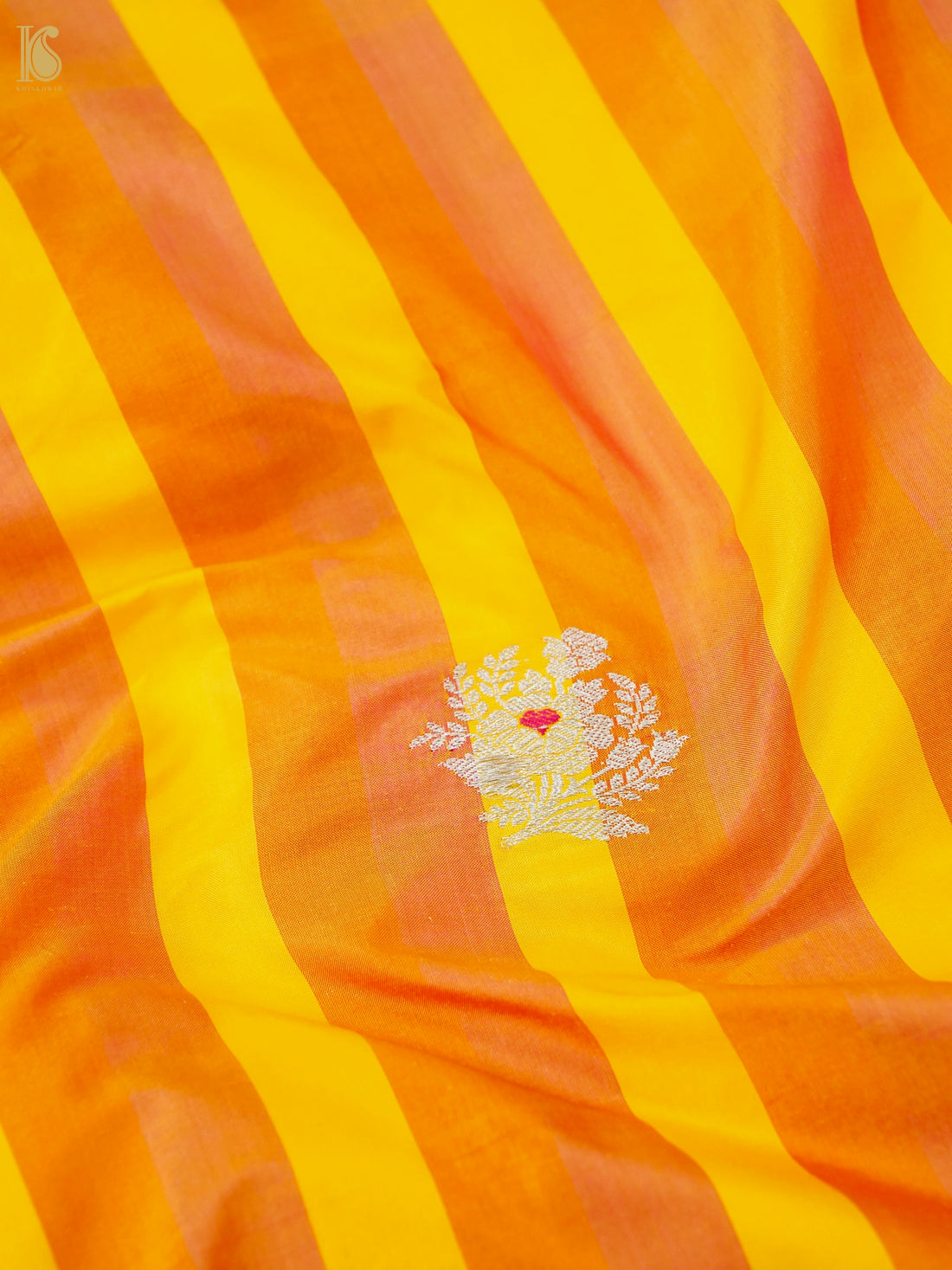 Banarasi Katan Silk Kadwa Floral Sprig Fabric in Golden Yellow Stripe